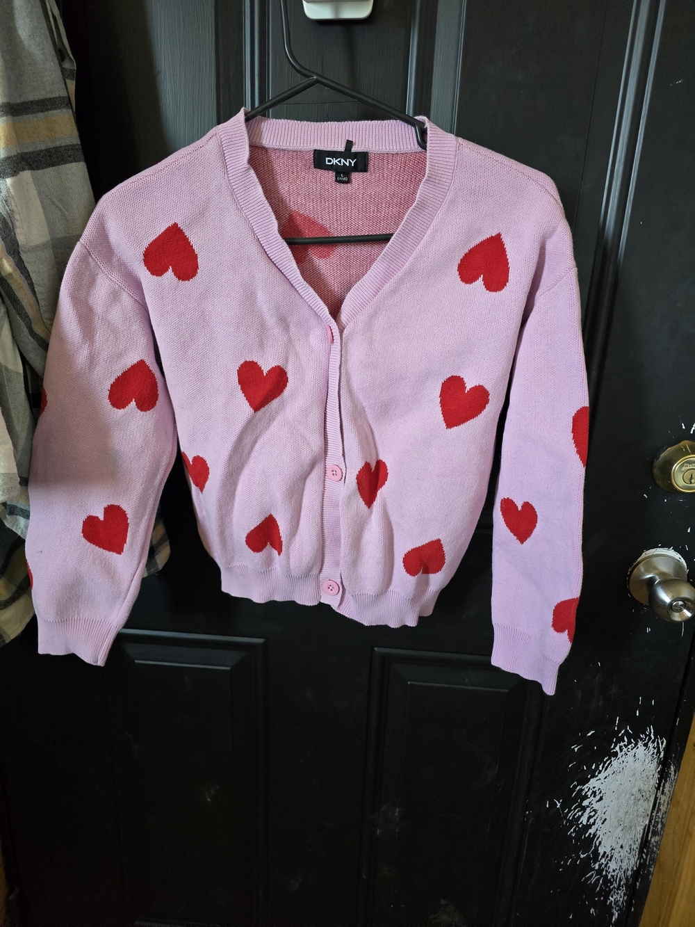 DKNY Pink Cardigan with Red Heart Motifs